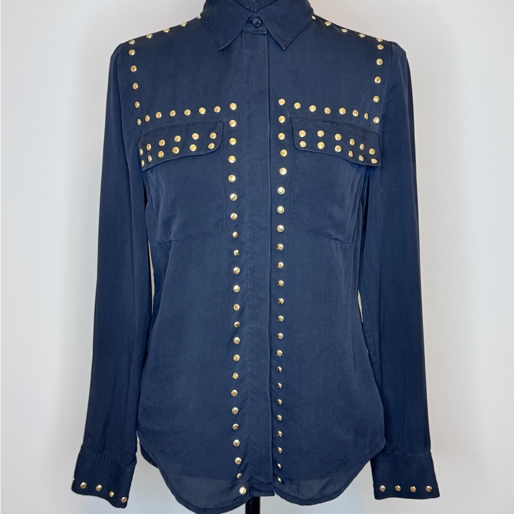 Navy Stud-Trim Button-Front Women’s Shirt